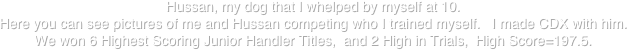 Hussan, my dog that I whelped by myself at 10.
Here you can see pictures of me and Hussan competing who I trained myself.   I made CDX with him.  We won 6 Highest Scoring Junior Handler Titles,  and 2 High in Trials,  High Score=197.5.