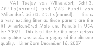   VA1 Teejay von Wilhendorf, SchH3, KKL1a(normal) and VA3 Fendi von Wilhendorf, SchH3, KKL1-a(normal).    This is a very exciting litter as these parents are the #1 American-Bred Male and Female in USA for 2007!   This is a litter for the most serious competitor who seeks a puppy of the ultimate quality.   Litter Born December 16, 2007

